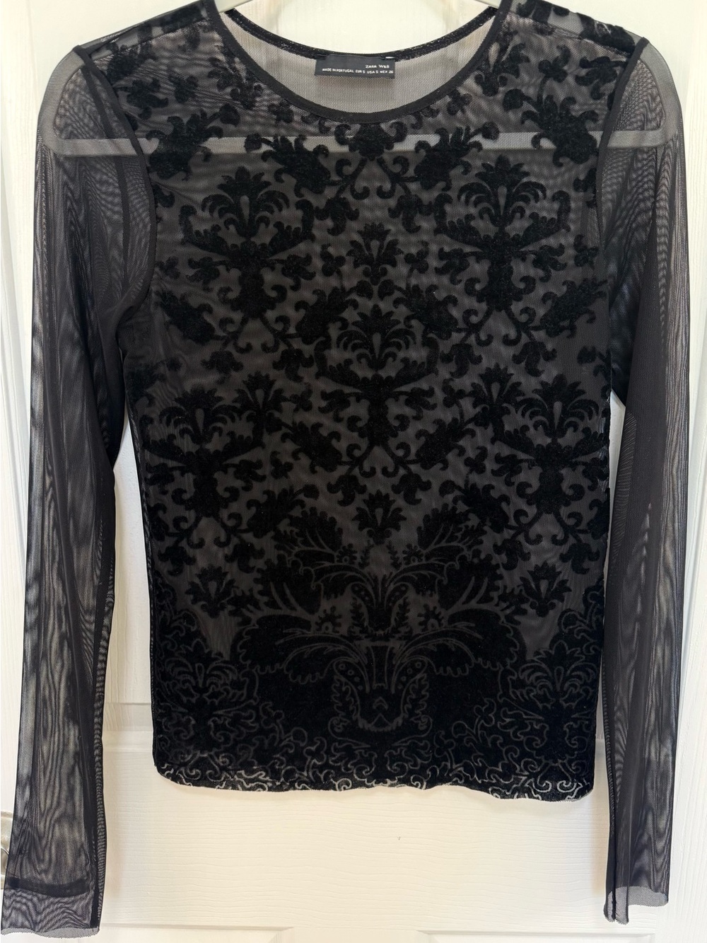 Zara Sheer Black Mesh Burnout Long-Sleeve Top